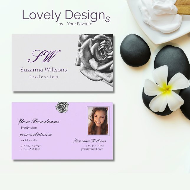 Cute Drawn Rose Plain Grey Lilac Initials Photo Business Card (Creator Uploaded)