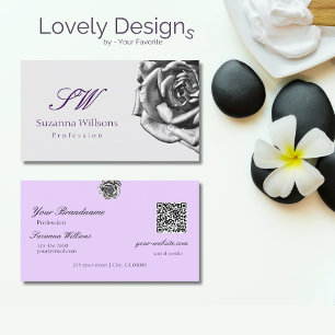Cute Drawn Rose Plain Grey Lilac Initials QR Code Business Card