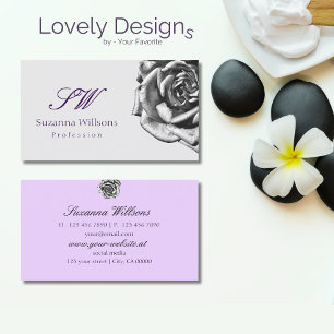 Cute Drawn Rose Plain Grey Lilac with Initials Business Card