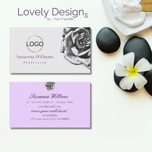 Cute Drawn Rose Plain Grey Lilac with Logo Simple Business Card