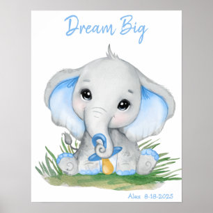 Cute Dream Big Blue Elephant Personalised Poster