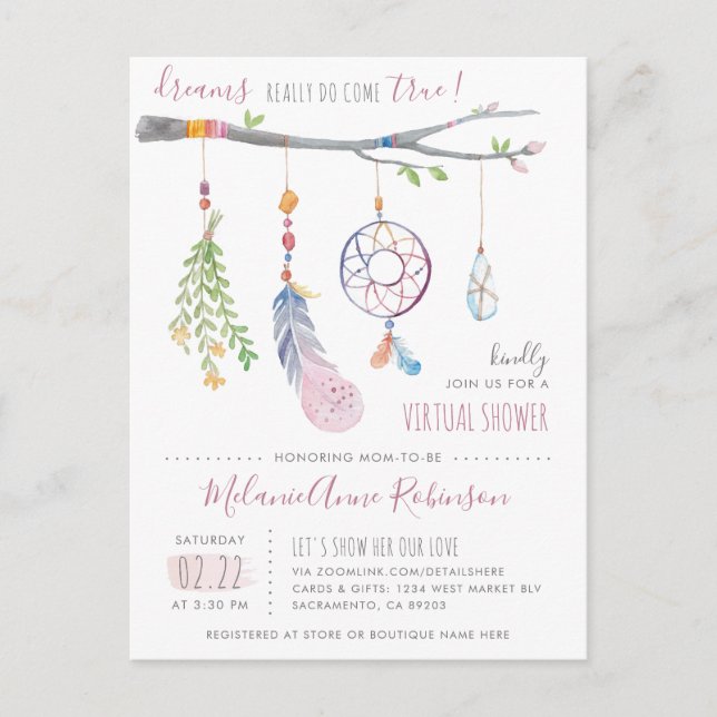Cute Dream Catcher Tribal Feathers Virtual Shower Invitation Postcard (Front)