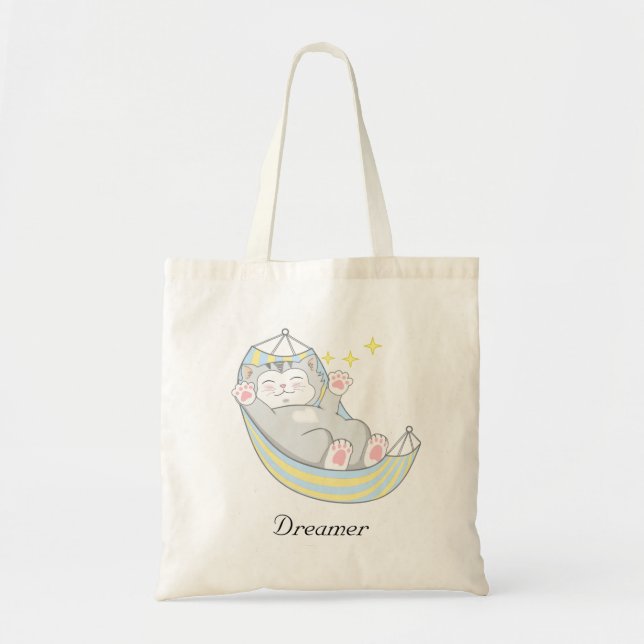 Cute Dreamer Kitty Cat in Hammock Tote Bag (Front)