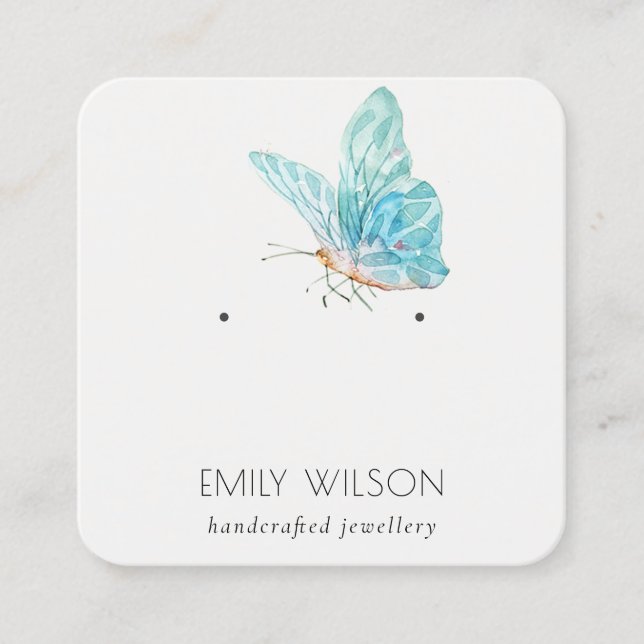 Cute Dreamy Blue Aqua Butterfly Earring Display Square Business Card (Front)