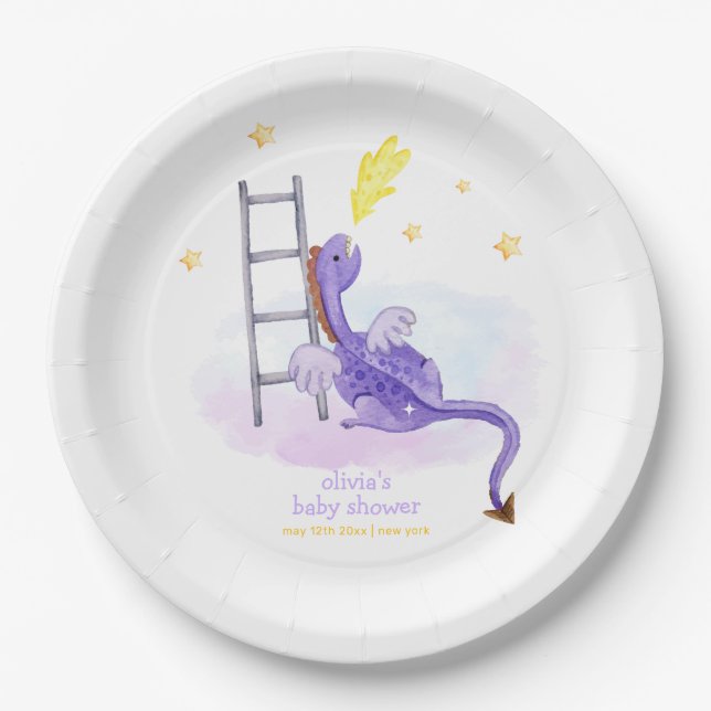 Cute Dreamy Fairytale Dragon Stars Baby Shower  Paper Plate (Front)