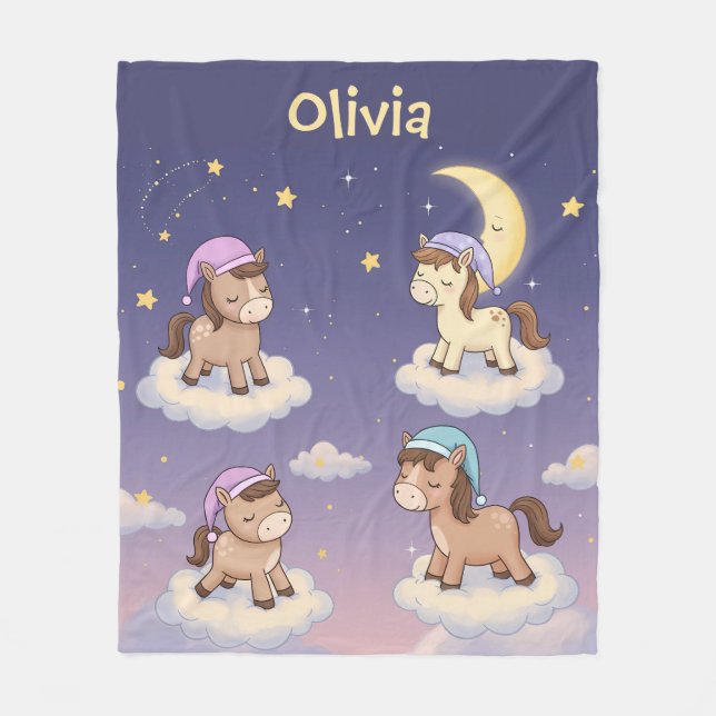 Cute Dreamy Horses Sleeping on Clouds Fleece Blanket (Front)