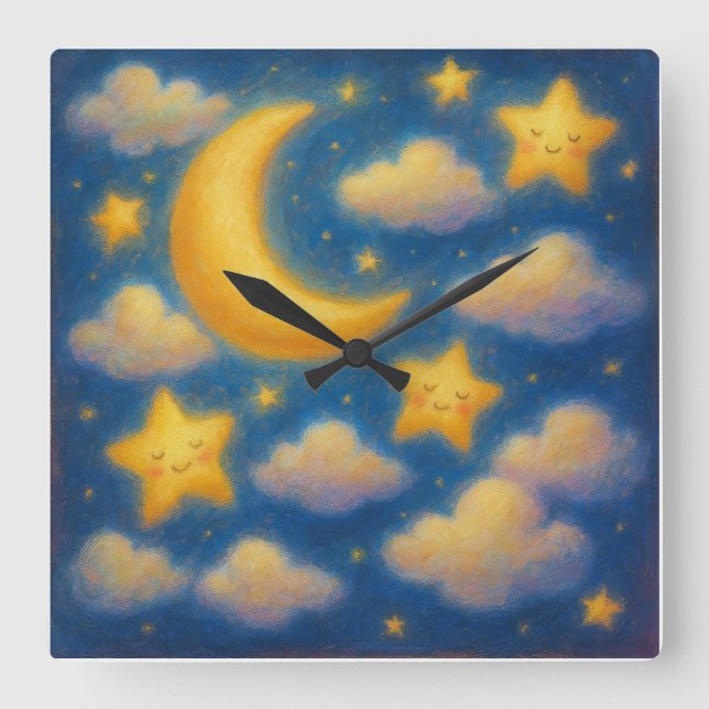 Cute Dreamy Night Sky - Pastel Painting Style Square Wall Clock (Front)