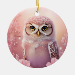 Cute Dreamy Pink Burrowing Owl Ceramic Tree Decoration