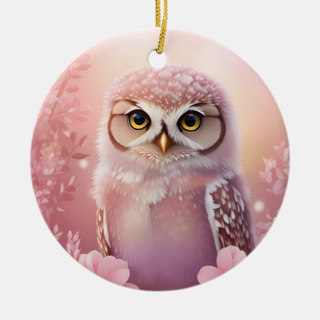 Cute Dreamy Pink Burrowing Owl  Ceramic Tree Decoration (Front)