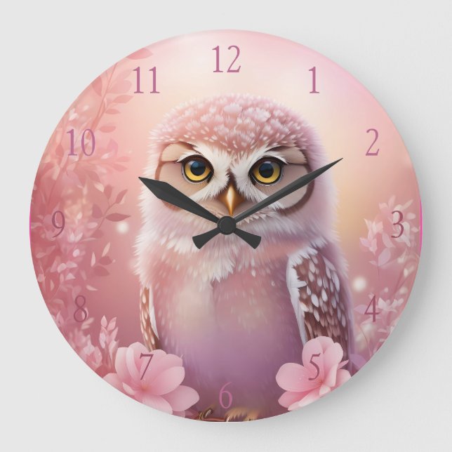Cute Dreamy Pink Burrowing Owl  Large Clock (Front)