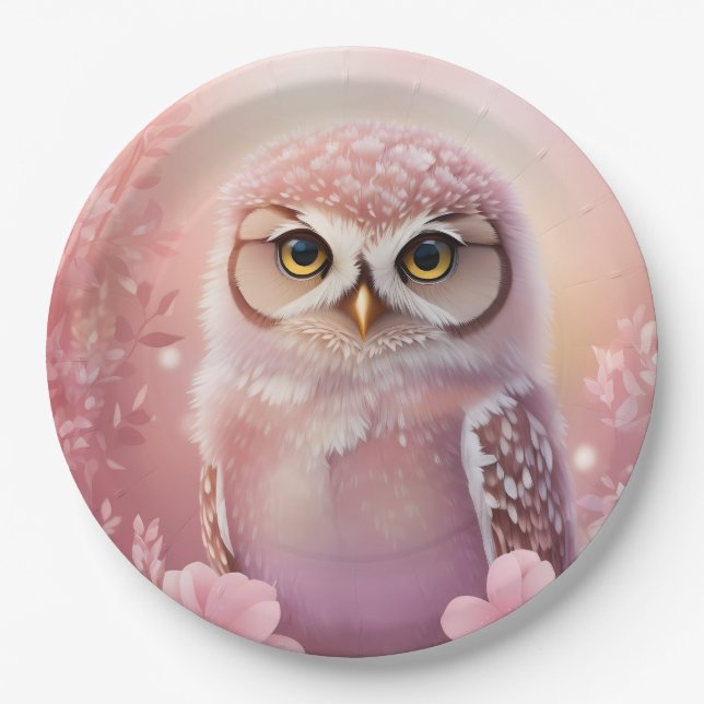 Cute Dreamy Pink Burrowing Owl  Paper Plate (Front)