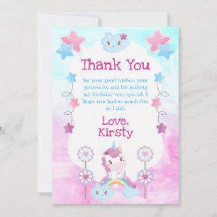 Cute Dreamy Unicorn Rainbow Cloud Birthday Party Thank You Card