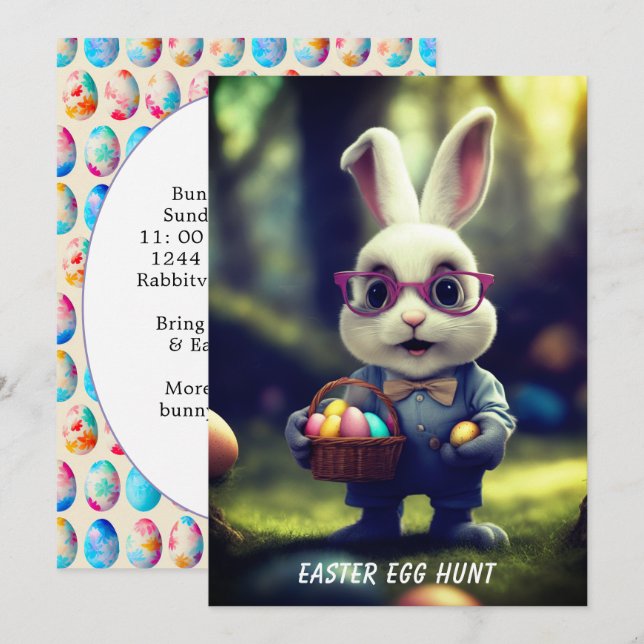 Cute Dressed Bunny & Basket Easter Egg Hunt Invitation (Front/Back)