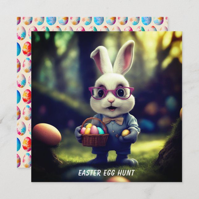 Cute Dressed Bunny & Basket Easter Egg Hunt Square Invitation (Front/Back)
