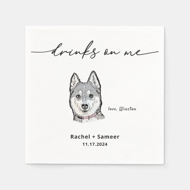 Cute Drinks on Me Pet Dog Sketch Wedding Napkin (Front)