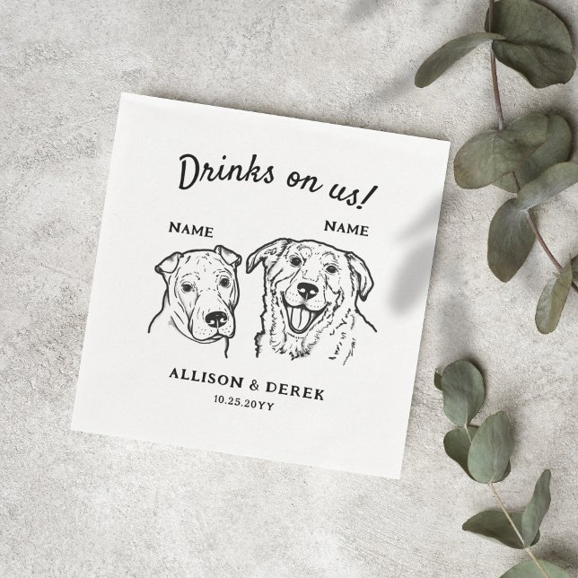 Cute Drinks On Us 2 Dogs Wedding Cocktail Napkin (Creator Uploaded)