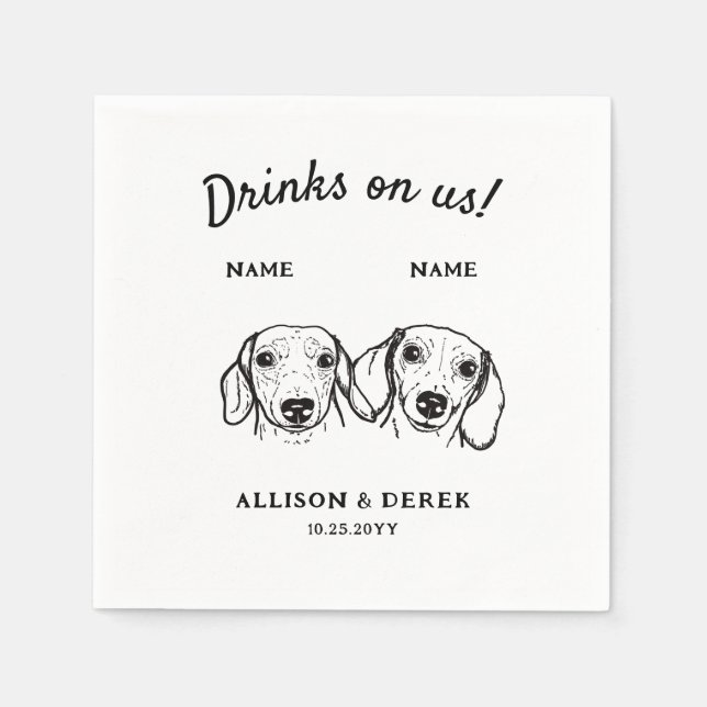 Cute Drinks On Us Dachshund Dog Wedding Cocktail Napkin (Front)