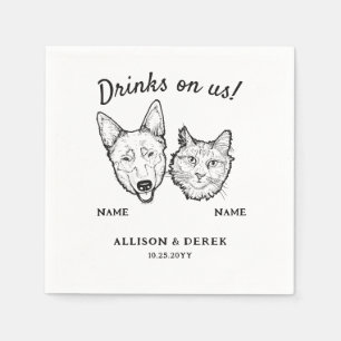 Cute Drinks On Us Dog and Cat Wedding Cocktail Napkin
