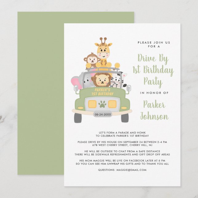 Cute Drive By Animal Safari 1st Birthday Party Invitation (Front/Back)