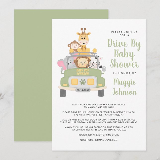 Cute Drive By Animal Safari Baby Shower Invitation (Front/Back)