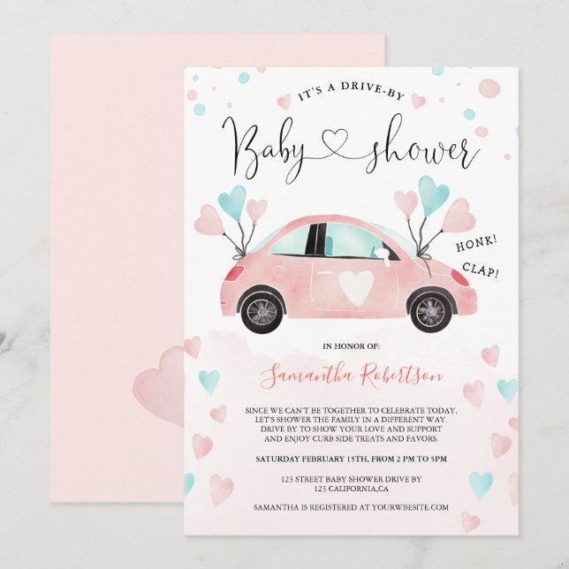 Cute Drive by baby shower car watercolor hearts Invitation (Front/Back)