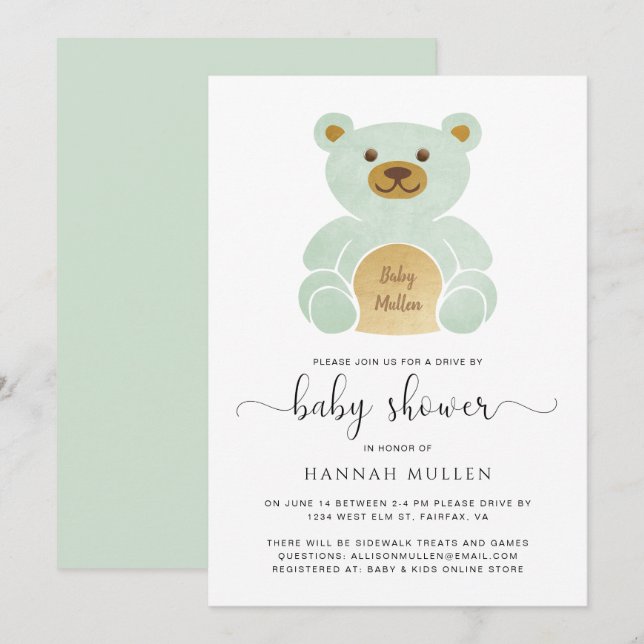Cute Drive By Baby Shower Teddy Bear Mint Invitation (Front/Back)