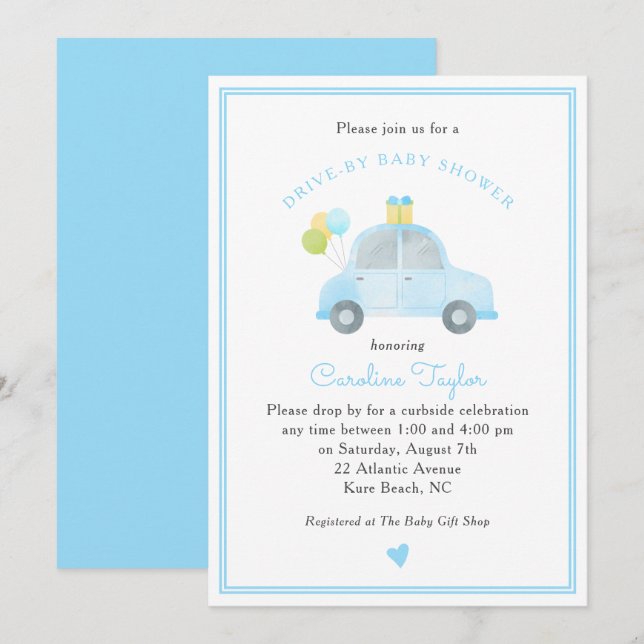 Cute Drive By Blue Car Balloons Boy Baby Shower Invitation (Front/Back)