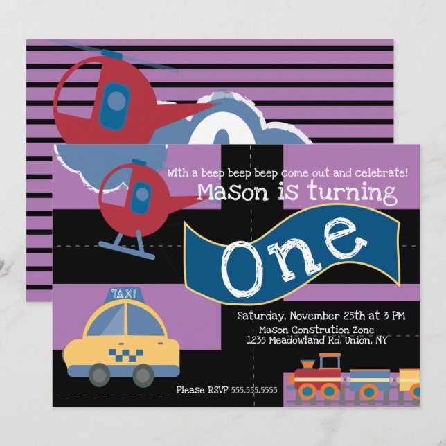 Cute Drive By Vehicle Party 1st Birthday Girl Invitation (Front/Back)