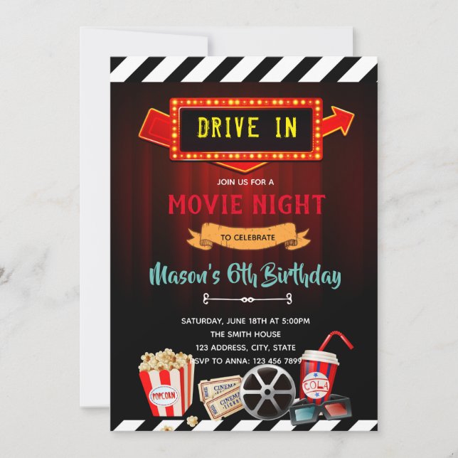 Cute drive in movie night theme party invite (Front)