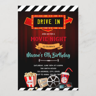 Cute drive in movie night theme party invite