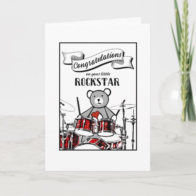 Cute Drummer Teddy Rockstar Rock Roll Baby Shower  Card (Front)