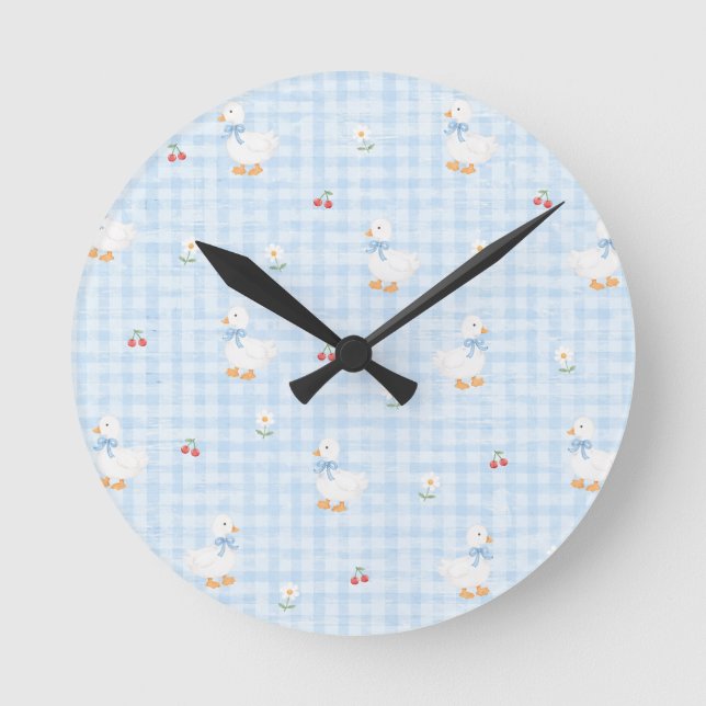 Cute Duck and Blue Gingham Pattern Wall Clock (Front)