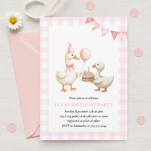 Cute Duck Birthday Party   Pink Gingham Farm Theme Invitation