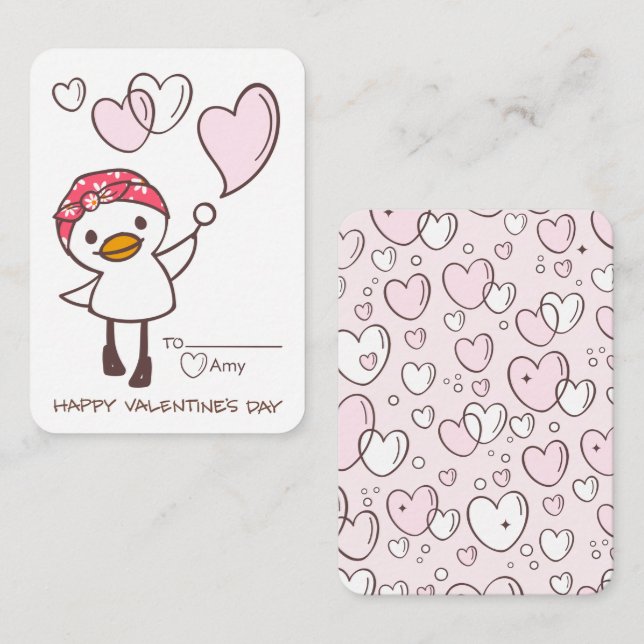 Cute Duck Bubble Hearts Classroom Valentine Card (Front/Back)