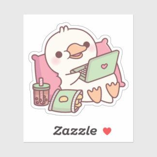 Cute Duck Chilling With Laptop And Snacks