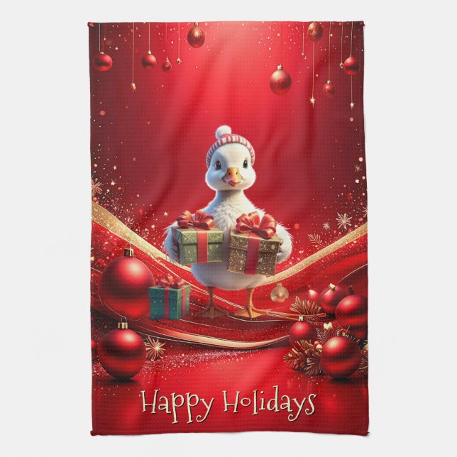 Cute Duck Christmas Holiday Kitchen Towel (Vertical)