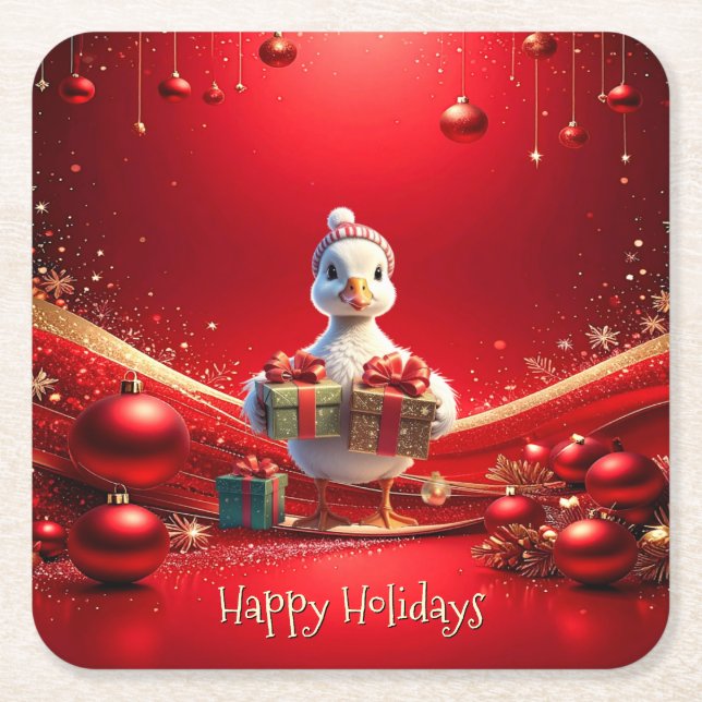 Cute Duck Christmas Holiday Paper Coaster (Front)