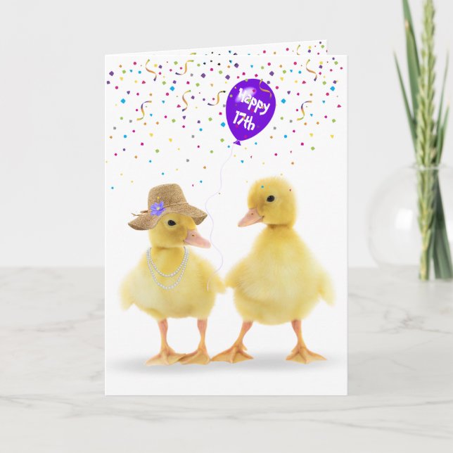 Cute Duck Couple With 17th Birthday Balloon Card (Front)