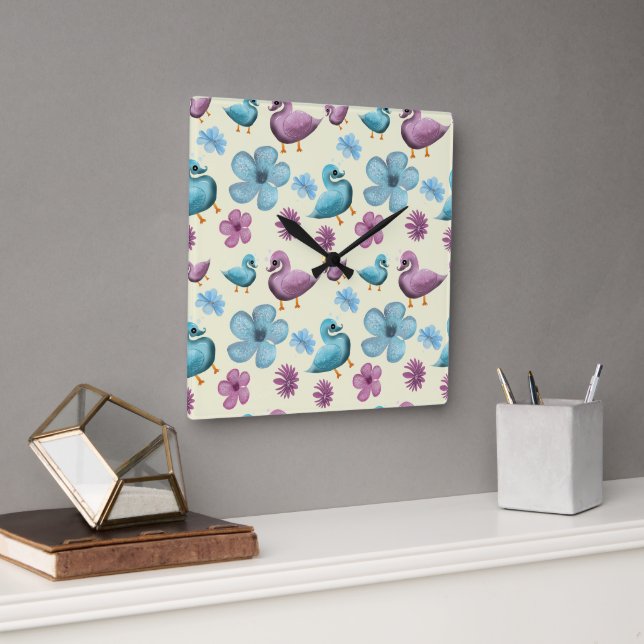 Cute Duck Floral Pattern Aesthetic Pastel Kawaii B Square Wall Clock (Office)