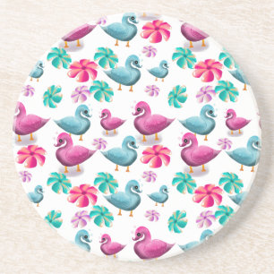 Cute Duck Floral Pattern Kawaii Pink Blue Ducks  Coaster