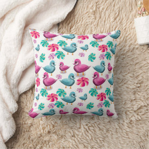 Cute Duck Floral Pattern Kawaii Pink Blue Ducks Cushion