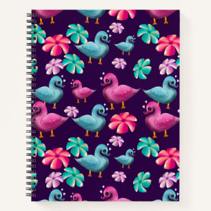 Cute Duck Floral Pattern Kawaii Pink Blue Ducks Notebook