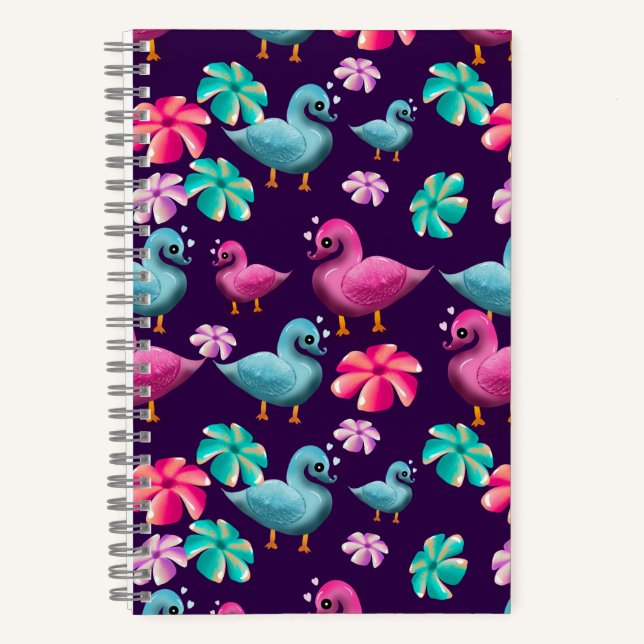 Cute Duck Floral Pattern Kawaii Pink Blue Ducks  Notebook (Front)