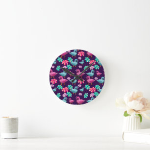 Cute Duck Floral Pattern Kawaii Pink Blue Ducks  Round Clock