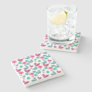 Cute Duck Floral Pattern Kawaii Pink Blue Ducks  Stone Coaster