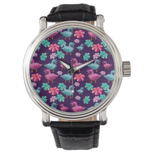 Cute Duck Floral Pattern Kawaii Pink Blue Ducks Watch