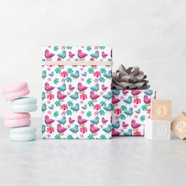 Cute Duck Floral Pattern Kawaii Pink Blue Ducks  Wrapping Paper (Baby Shower)