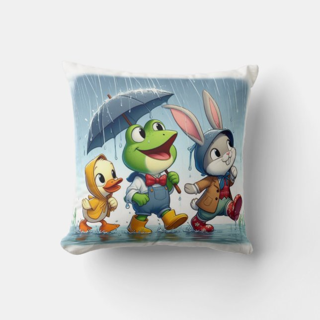 Cute duck, frog, bunny in the rain cushion (Front)