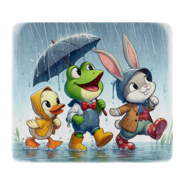 Cute duck, frog, bunny in the rain cutting board (Front)