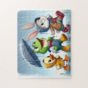 Cute duck, frog, bunny in the rain jigsaw puzzle